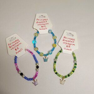 Mix of Purple, Blue, and Green 3 Beaded Bracelet set with Princess Charms, Size